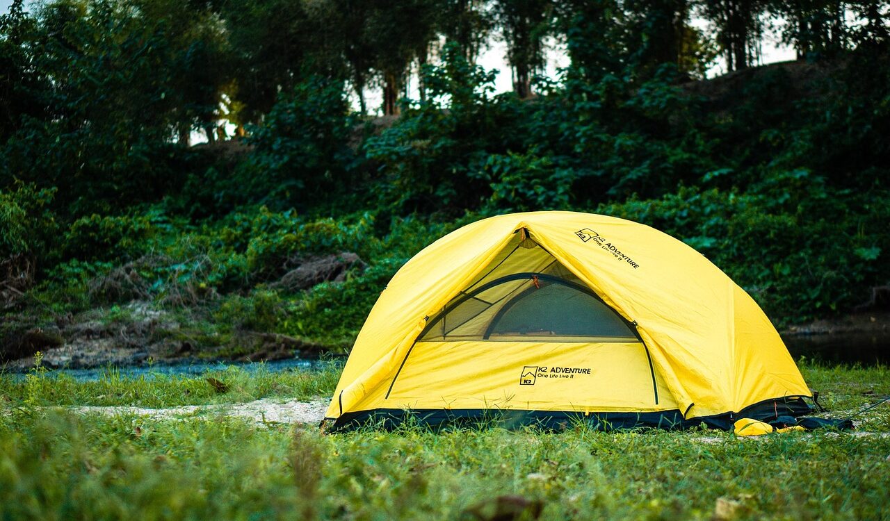 在樹林內的黃色帳篷