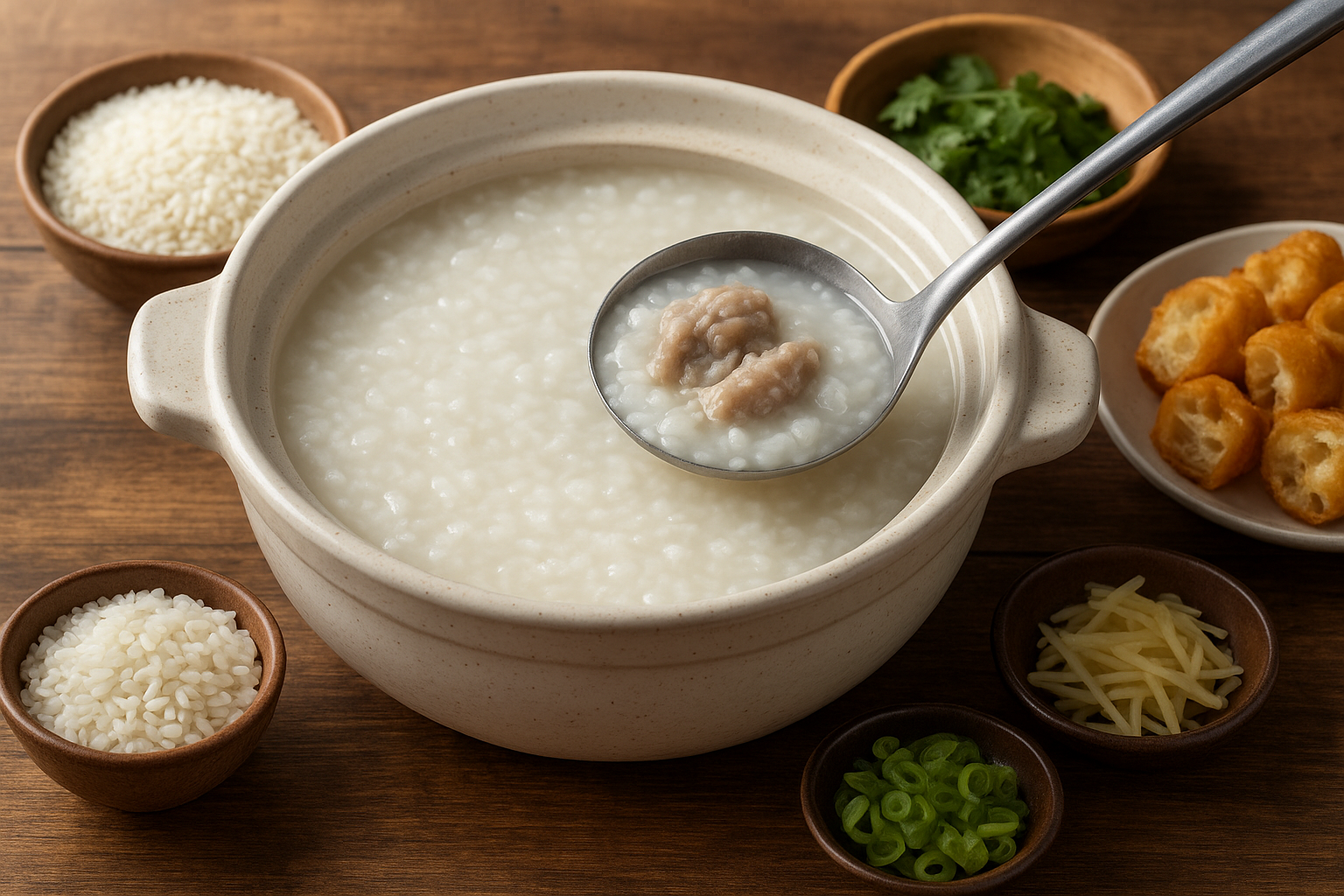 煮好的廣東粥，旁邊放上廣東粥食材