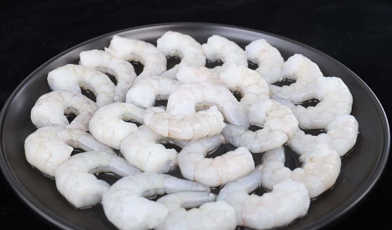 一整盤的冷凍蝦子