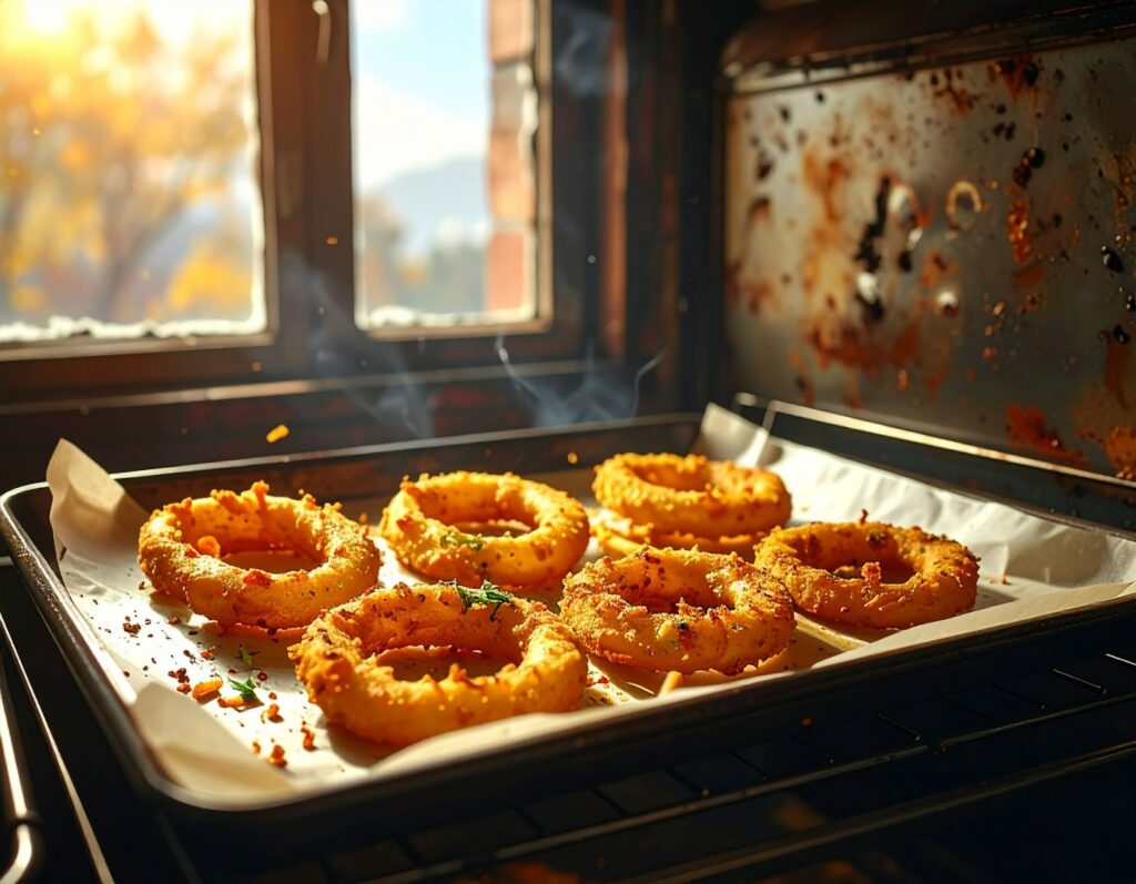 烤箱裡的洋蔥圈金黃酥脆，搭配起司與香料呈現濃郁風味。