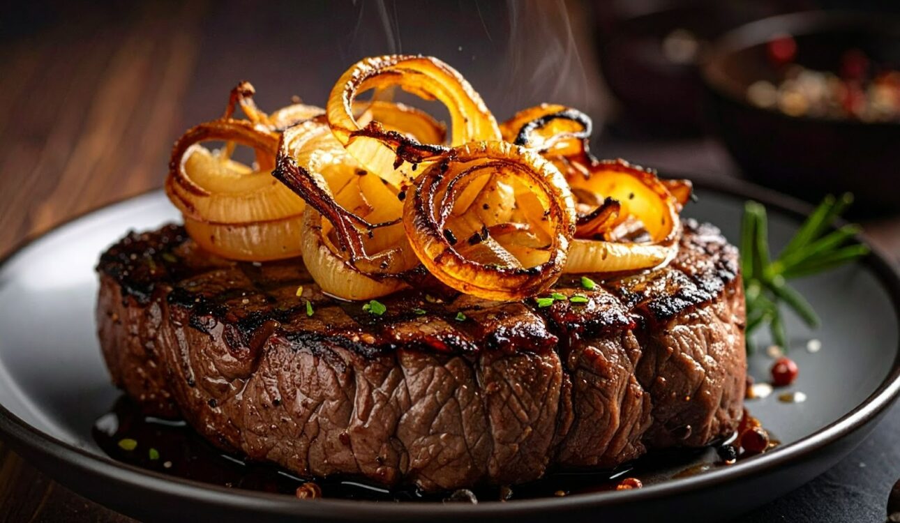 金黃焦糖洋蔥鋪在牛排上，香氣撲鼻，外酥內嫩令人垂涎。