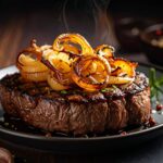 金黃焦糖洋蔥鋪在牛排上，香氣撲鼻，外酥內嫩令人垂涎。