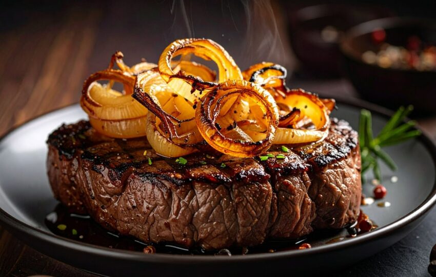 金黃焦糖洋蔥鋪在牛排上，香氣撲鼻，外酥內嫩令人垂涎。