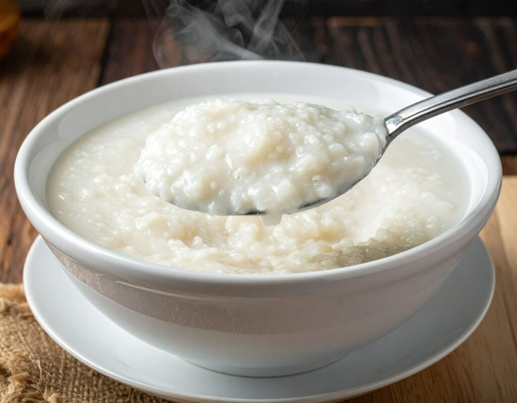 白粥熬煮至綿密糊狀，湯匙一舀就能感受到粥的濃厚質地