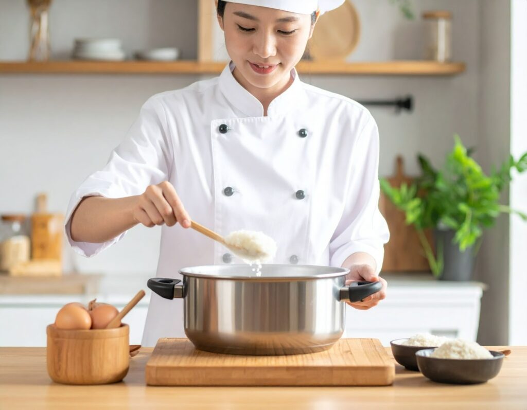 廚師調整米水比例，鍋裡的粥底濃郁順滑，散發淡淡米香