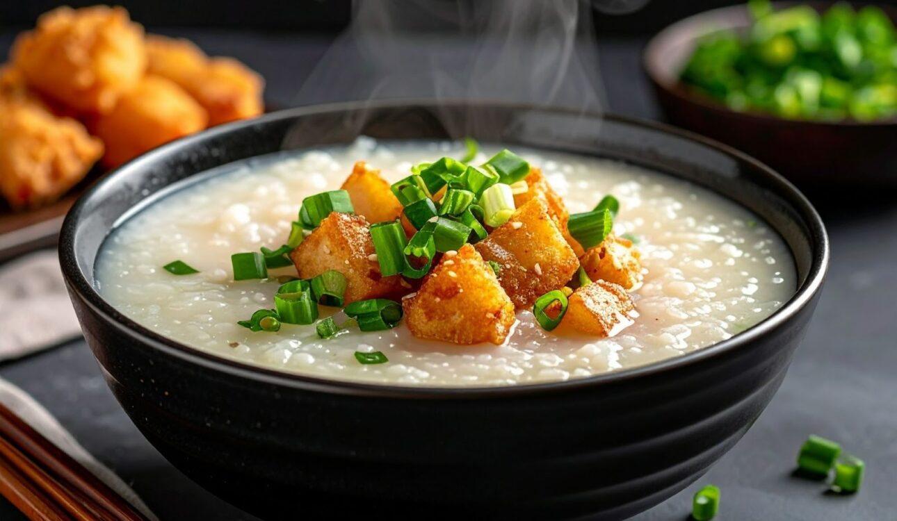 一碗濃稠滑順的廣東粥冒著熱氣，配上油條與蔥花香氣撲鼻