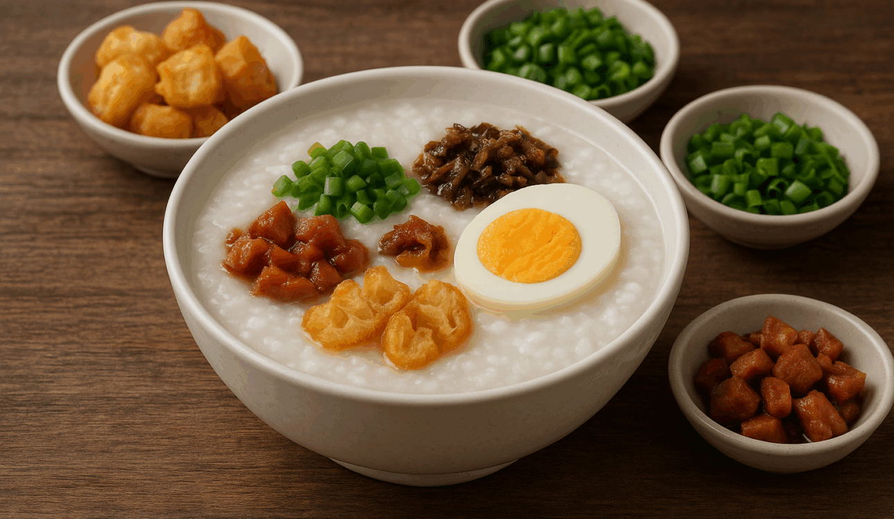 擺滿配料的廣東粥