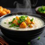 一碗濃稠滑順的廣東粥冒著熱氣，配上油條與蔥花香氣撲鼻