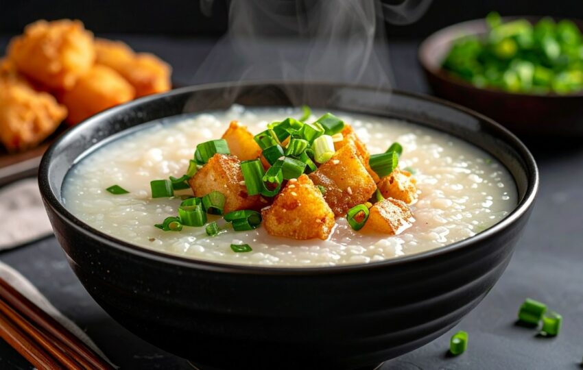 一碗濃稠滑順的廣東粥冒著熱氣，配上油條與蔥花香氣撲鼻