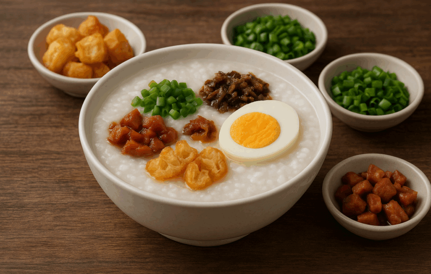 擺滿配料的廣東粥