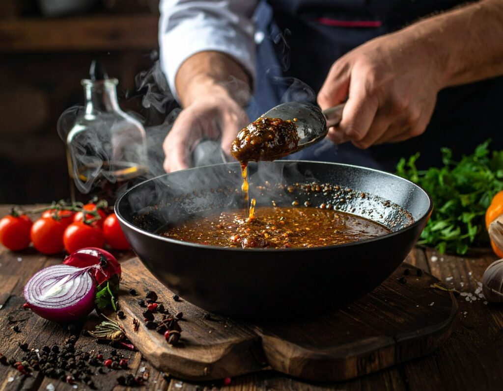 黑胡椒醬在鍋中翻滾，香氣與辣味交織出濃郁層次