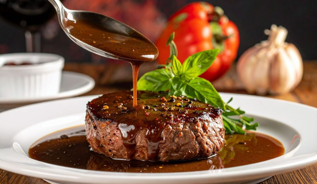 牛排淋上黑胡椒醬，辛香與肉汁完美融合，香氣逼人