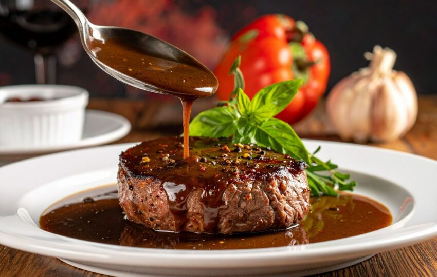 牛排淋上黑胡椒醬，辛香與肉汁完美融合，香氣逼人