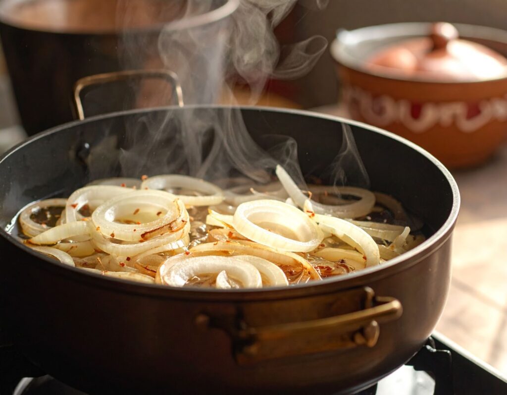 特寫鏡頭下的洋蔥爆香畫面，鍋中洋蔥片在油中翻炒、微微透明冒香氣，散發濃厚家常料理氛圍