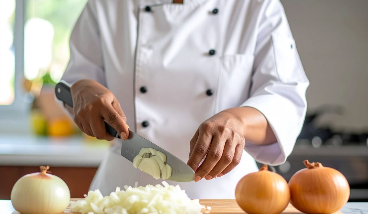 廚師在明亮廚房中示範洋蔥切法，桌上擺著切絲、切丁、切圈三種洋蔥造型，刀具與砧板整潔乾淨