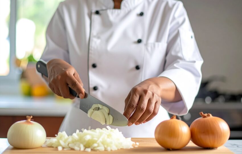 廚師在明亮廚房中示範洋蔥切法，桌上擺著切絲、切丁、切圈三種洋蔥造型，刀具與砧板整潔乾淨
