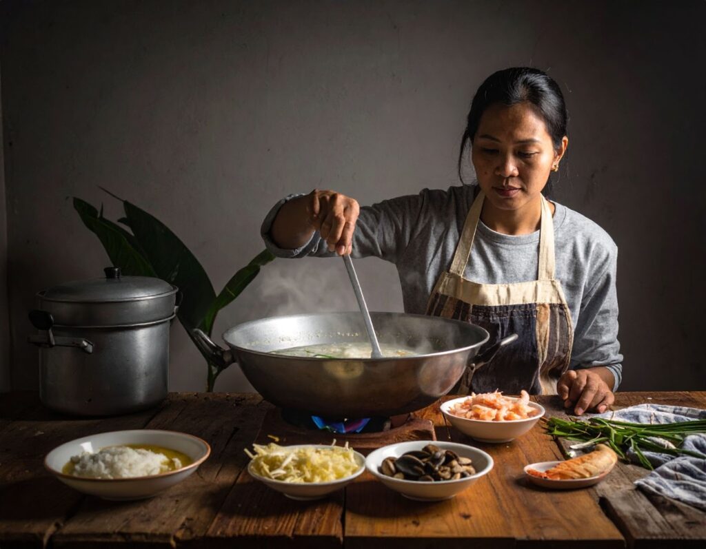 廚師在廚房內熬煮粥底，旁邊擺放蛤蜊、蝦仁、薑絲與高湯鍋