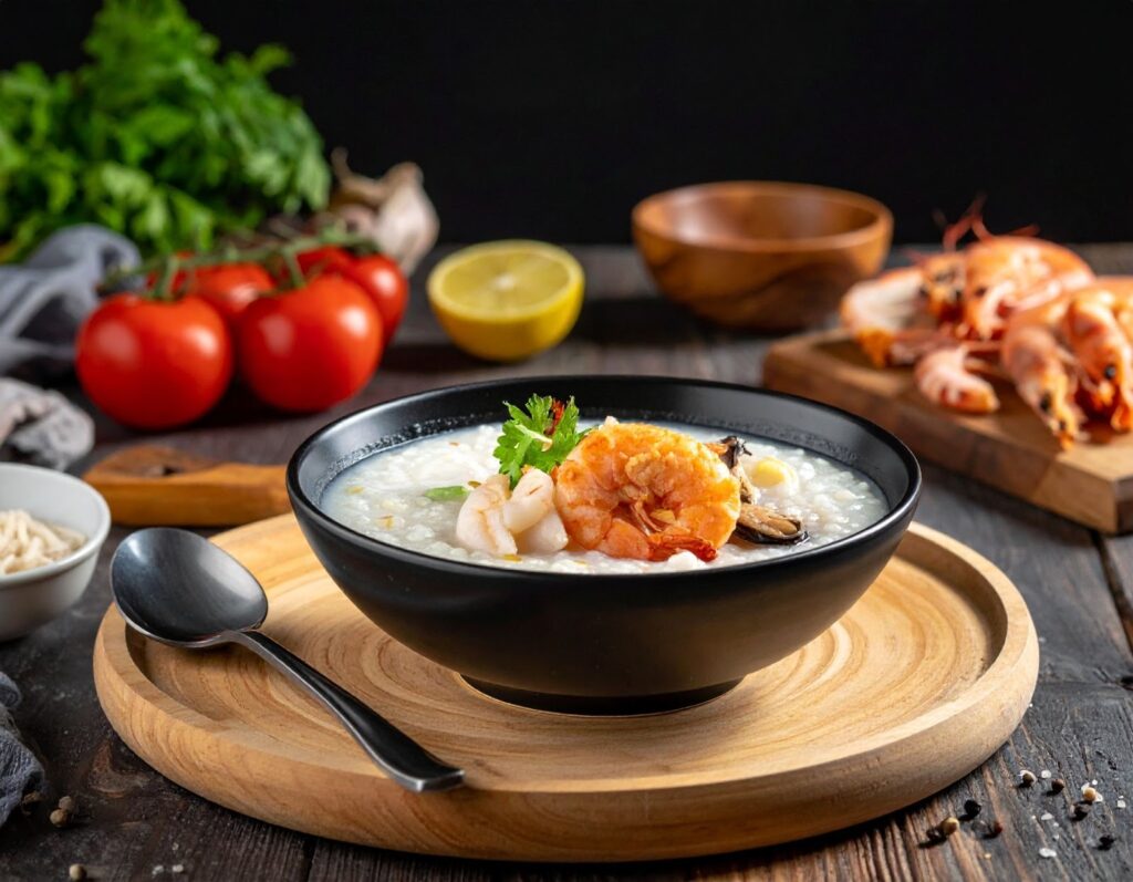 一碗海鮮粥放在餐桌上