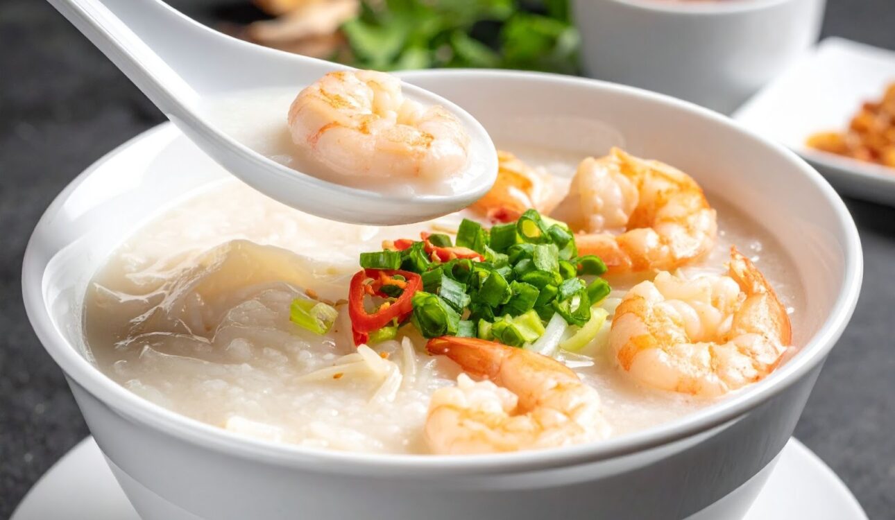 白色瓷碗中盛著熱氣騰騰的海鮮廣東粥，蝦仁、干貝與魚片鋪在上層，粥質細膩綿滑，湯勺微掀起粥面