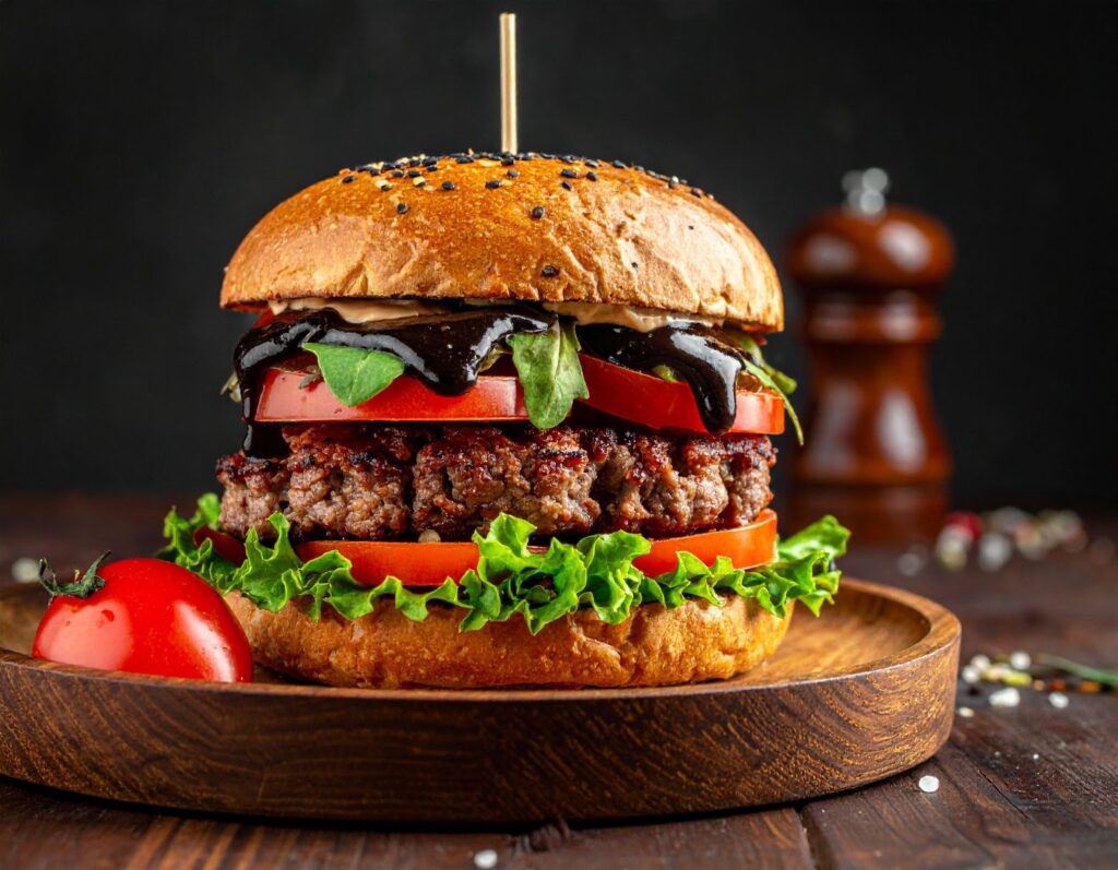 完成的美式漢堡放在木質餐盤上，厚實肉排、黑胡椒醬與生菜番茄層次分明