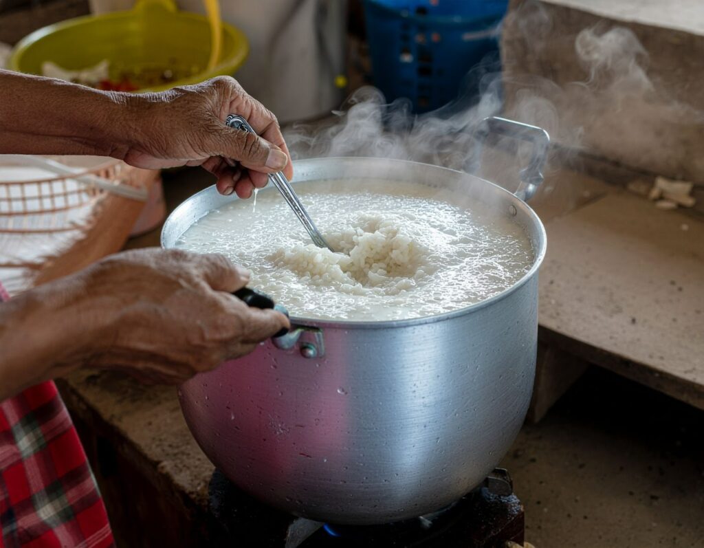鍋中粥正在翻滾，白煙裊裊，一位家庭主婦用湯勺攪拌米粥，呈現煮粥時的溫潤質感與綿密狀態。