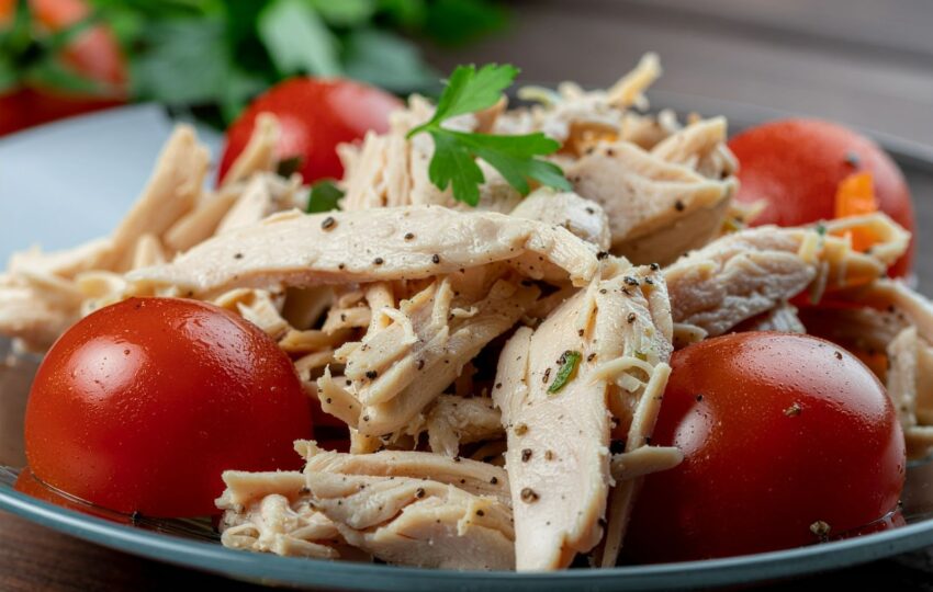 透明玻璃盤中盛著黑胡椒醬涼拌雞絲與蔬菜的成品，醬汁光澤誘人，配色鮮豔，強調清爽又富香氣的夏日開胃料理。