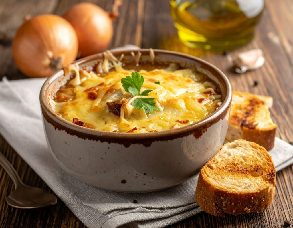 洋蔥湯表層覆蓋融化起司與烤麵包，暖心又濃厚的歐式風情。
