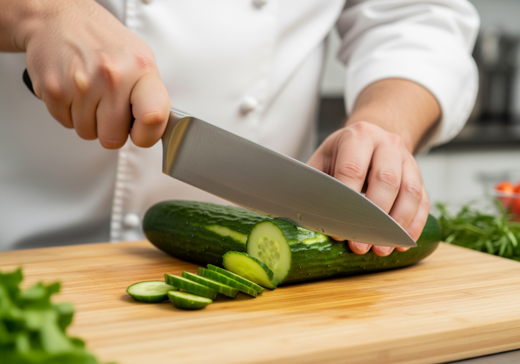 廚師示範用刀背拍小黃瓜，碎裂但仍保持脆度