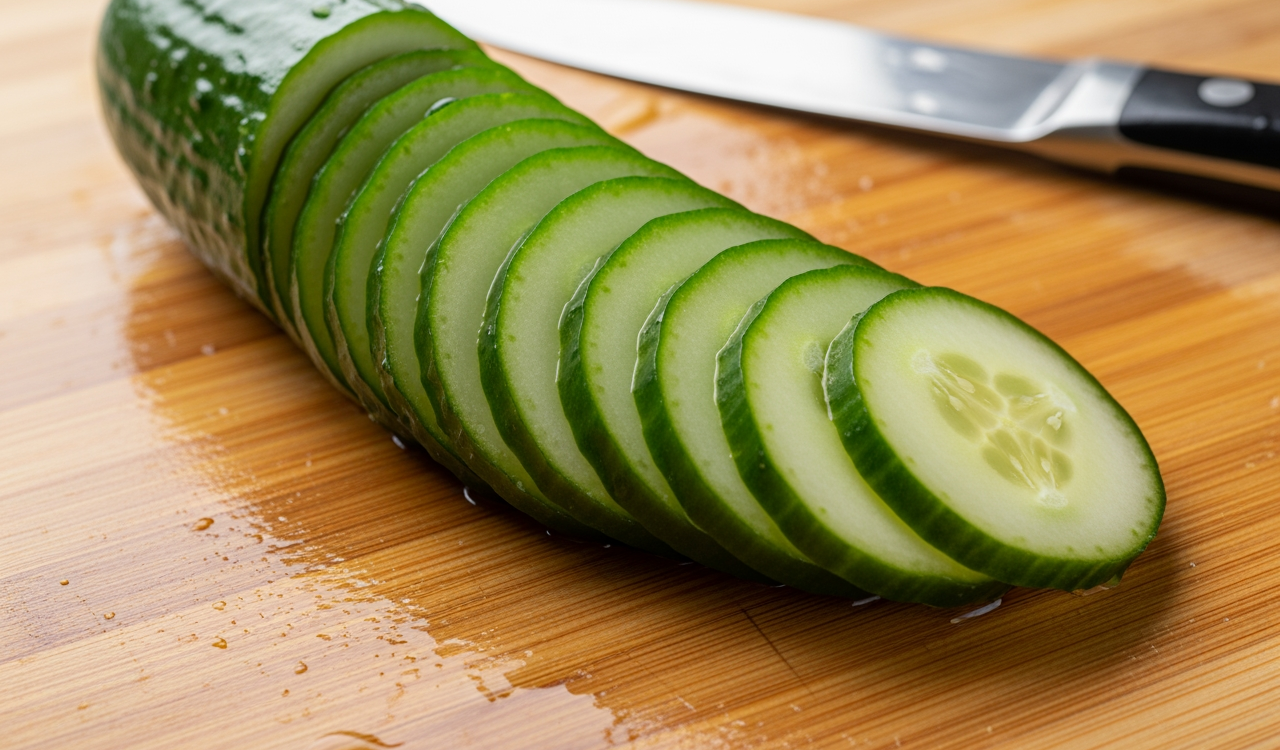 料理中的小黃瓜切片因出水過多變得軟爛，放在砧板上看起來不脆