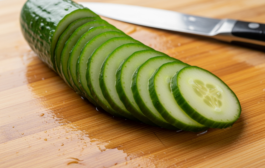 料理中的小黃瓜切片因出水過多變得軟爛，放在砧板上看起來不脆