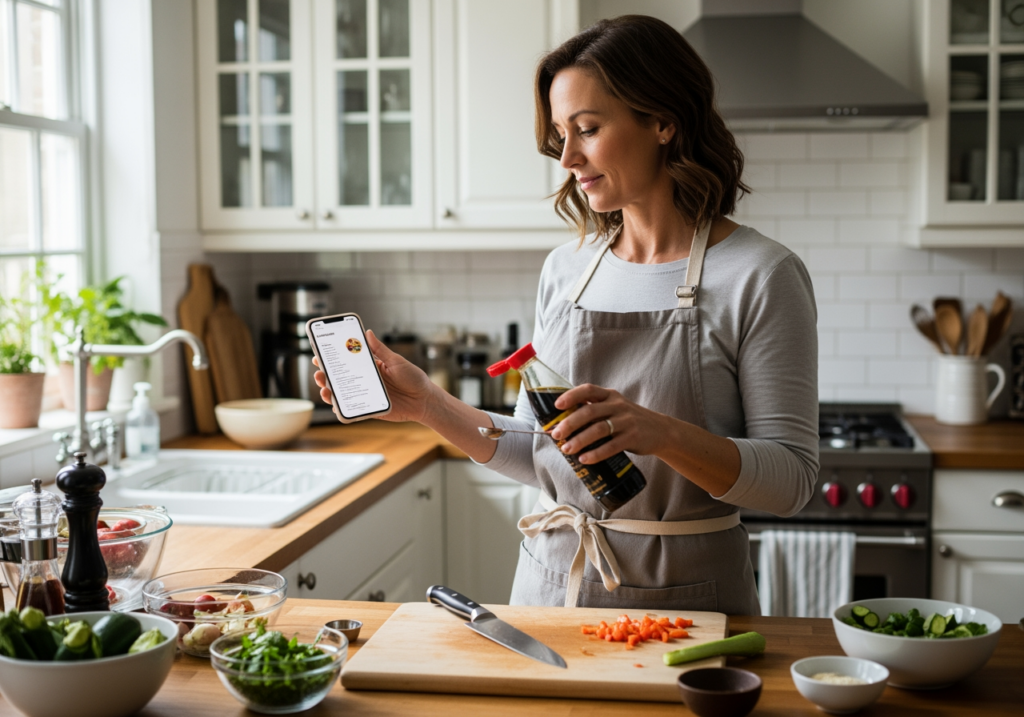 家庭煮婦一手拿手機看食譜，一手倒醬油