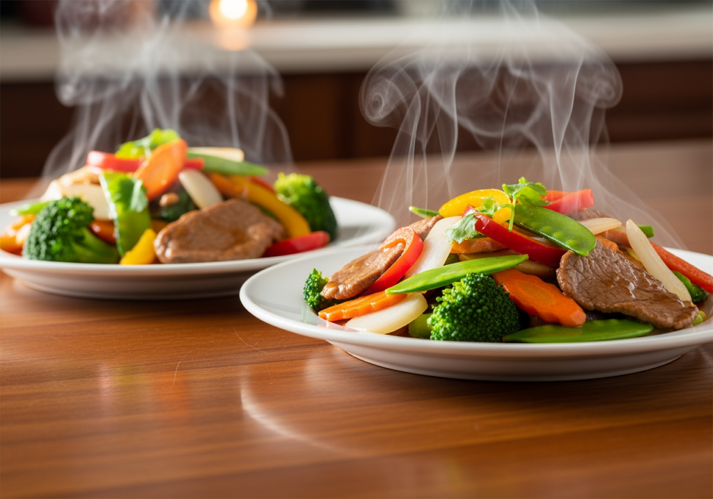 兩盤炒菜擺在桌上，熱氣蒸騰