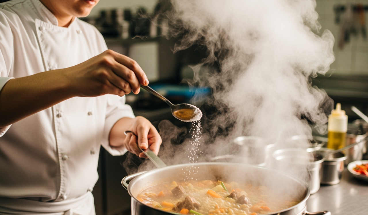 料理鍋中冒著熱氣，廚師正用量匙加入鹽調整味道