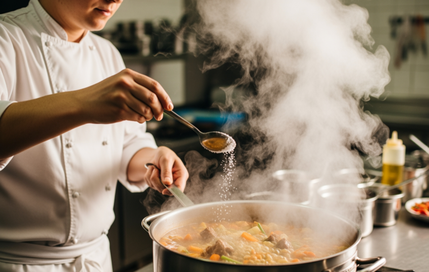 料理鍋中冒著熱氣，廚師正用量匙加入鹽調整味道