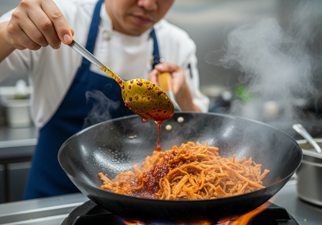 廚師將一匙辣椒醬拌入炒肉絲，色澤油亮
