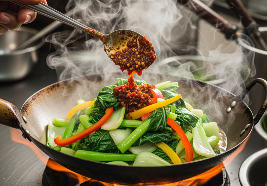 熱炒青菜出鍋前加入一點辣椒醬