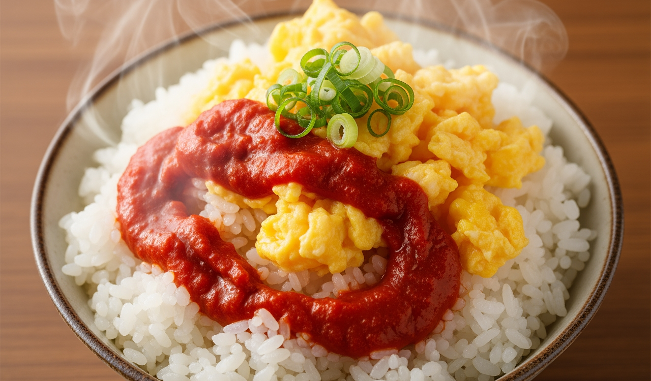 熱騰騰白飯上淋上辣椒醬與炒蛋，家常味濃郁到讓人食指大動