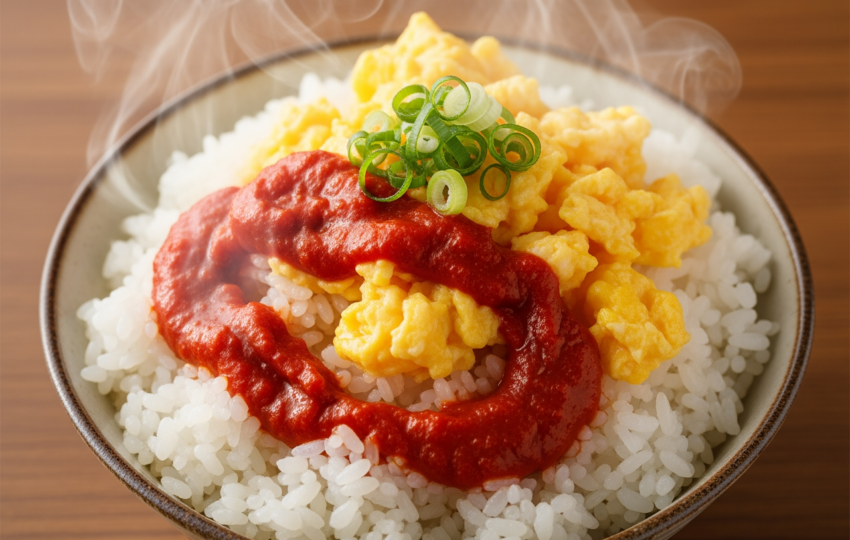 熱騰騰白飯上淋上辣椒醬與炒蛋，家常味濃郁到讓人食指大動