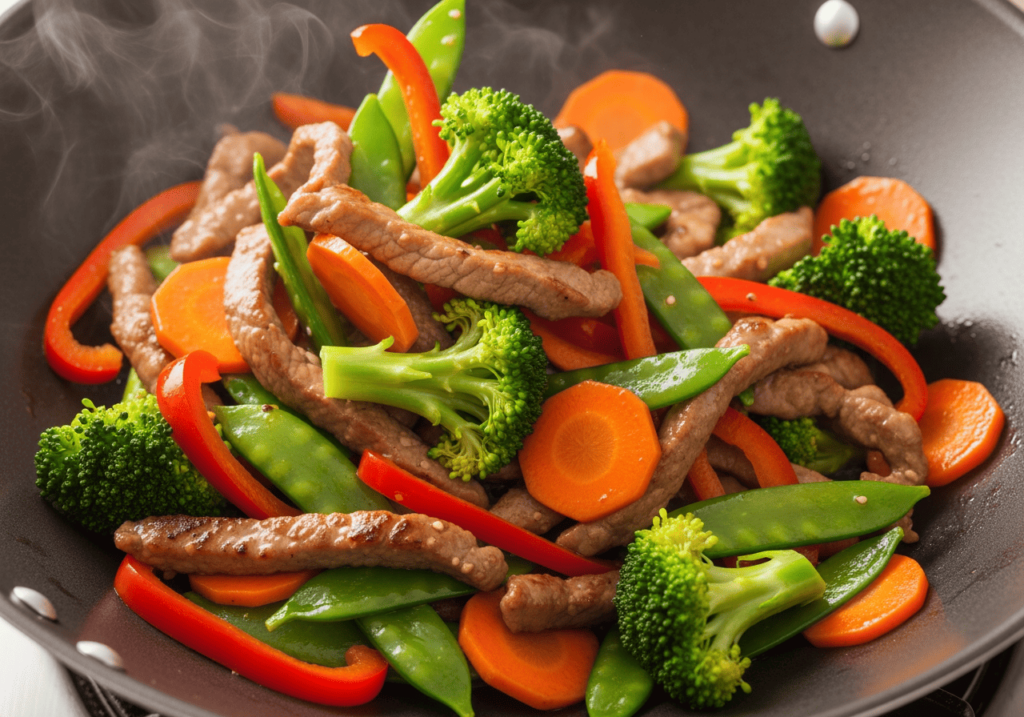 平底鍋快炒蔬菜與肉片，食材簡單但顏色豐富