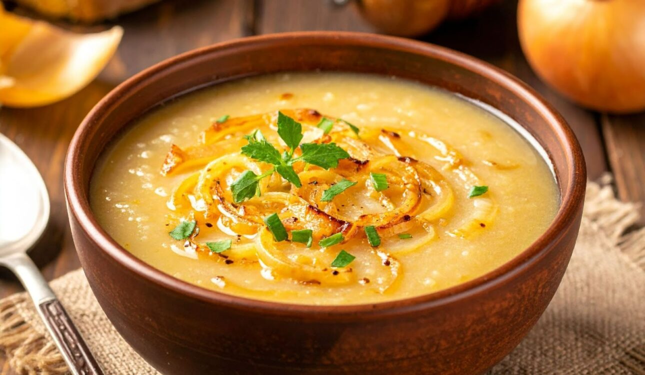 完成的洋蔥湯端上餐桌，湯色金黃清甜