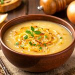 完成的洋蔥湯端上餐桌，湯色金黃清甜