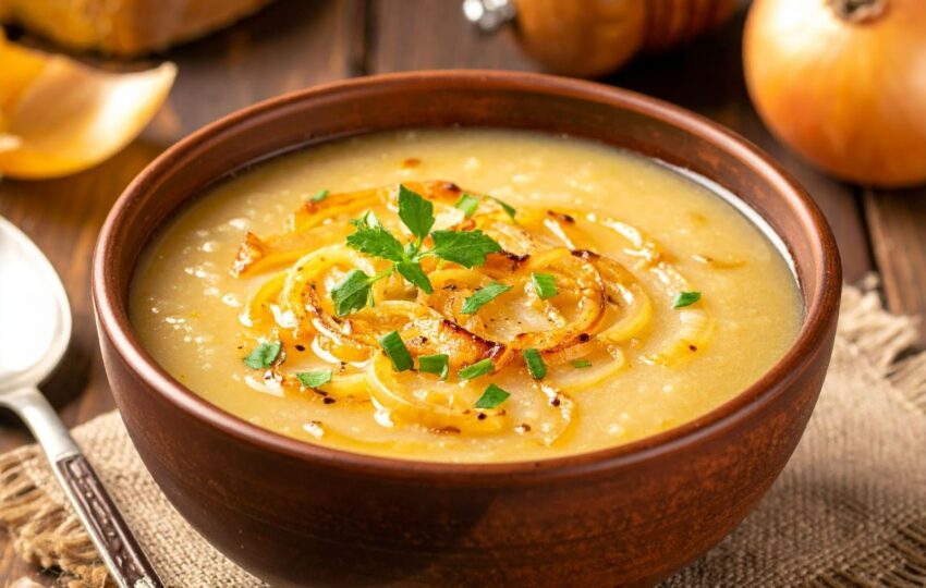 完成的洋蔥湯端上餐桌，湯色金黃清甜