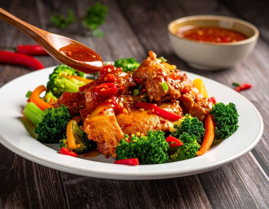 在乾柴雞胸肉中加入一匙辣椒醬翻炒