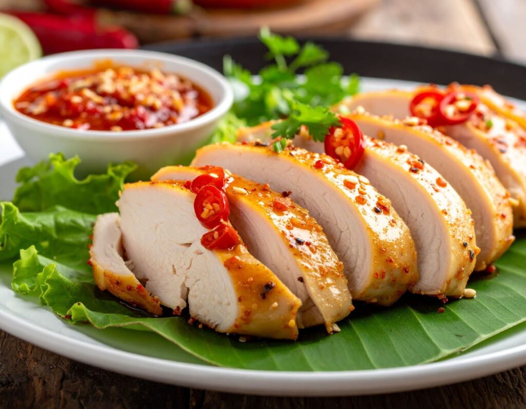 雞胸肉切片後拌入辣椒醬