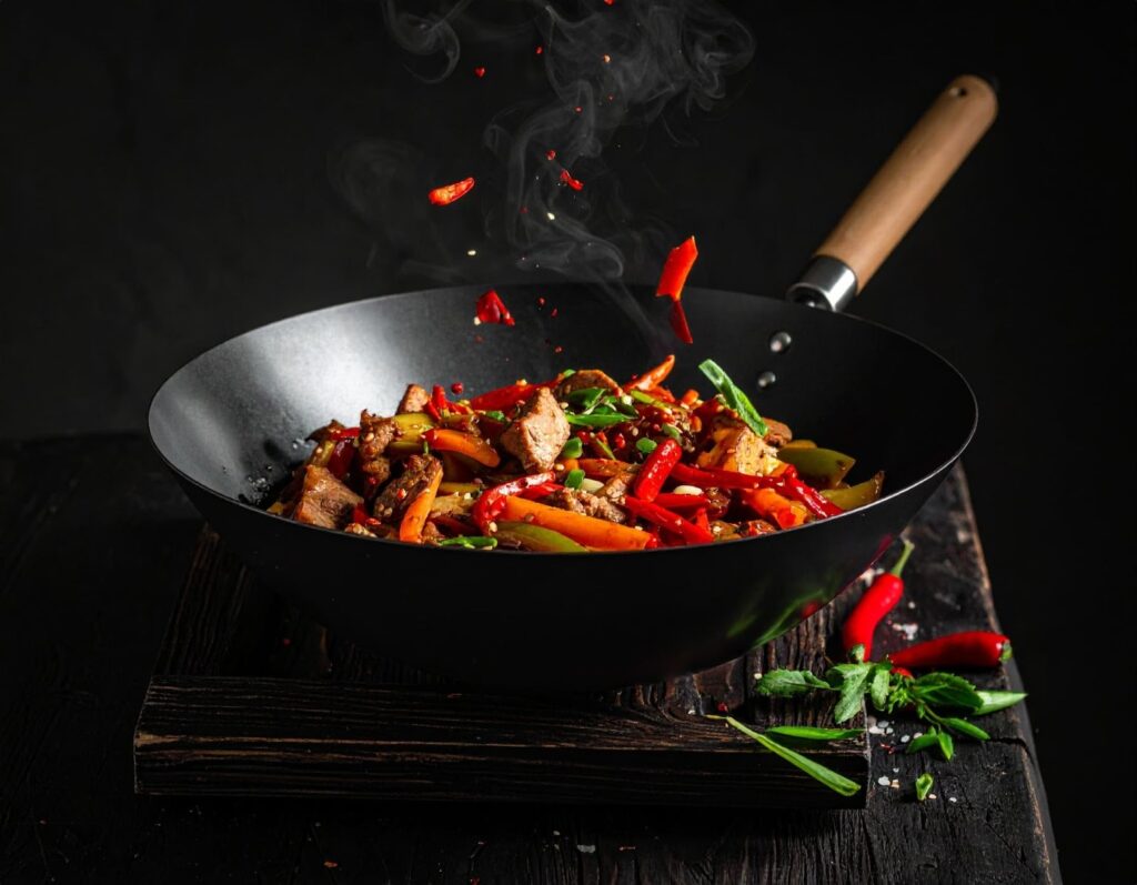 炒鍋中將辣椒醬拌入蔬菜與肉片